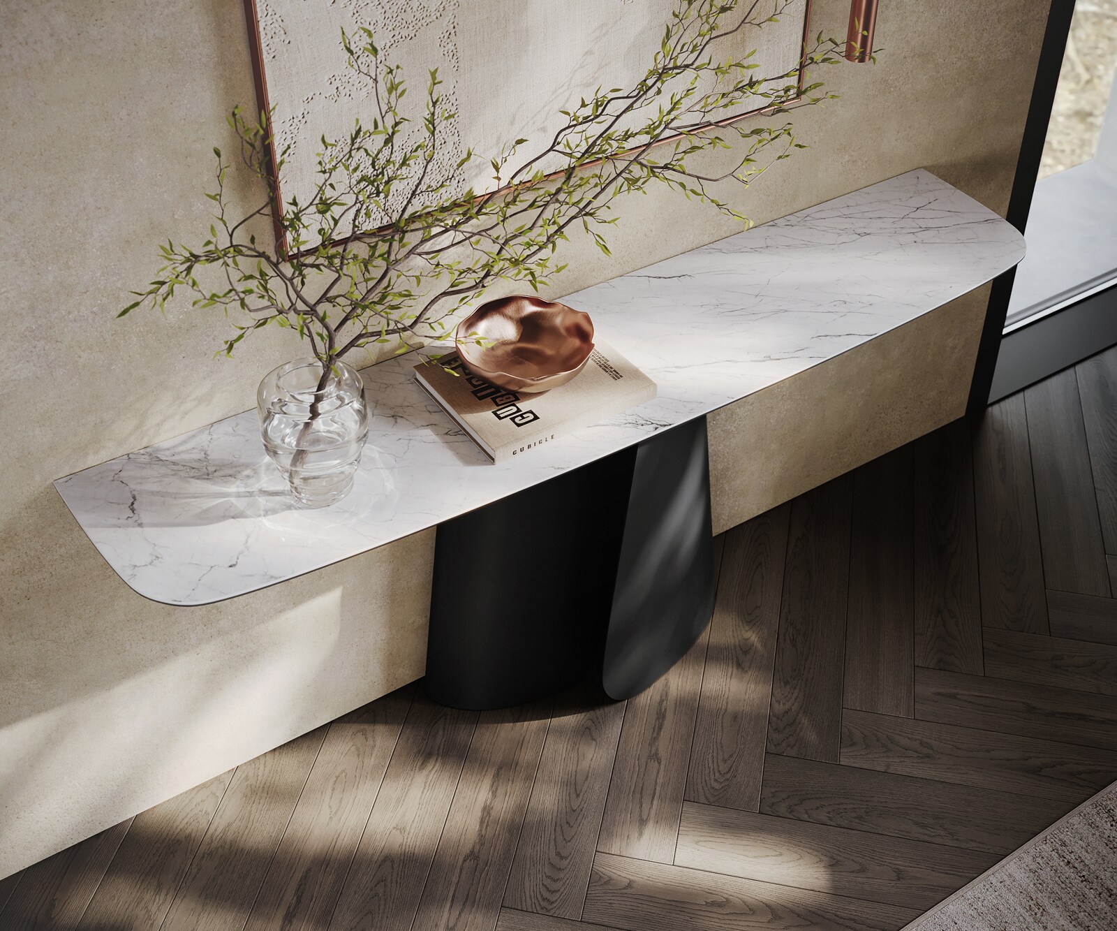 Consoletafel Edge Bootvorm 180x40 cm Keramiek Laminam® Statuarietto Weiß Livos Metaal Zwart 2