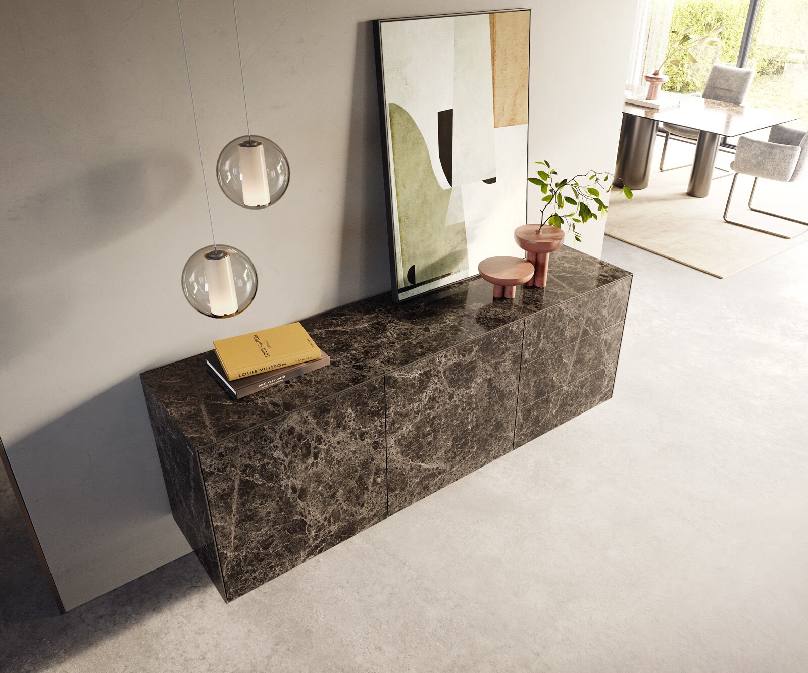 Dressoir Cuor 180 cm Keramiek Laminam® Emperador Extra Lucidato Donkerbruin 2 Deuren 3 Laden Zwevend 4