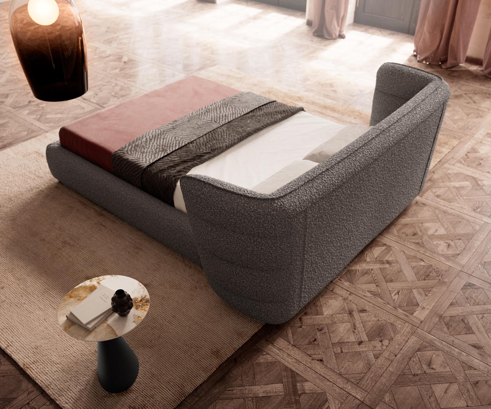 Simea 140x200 cm bouclé zilvergrijs gestoffeerd bedframe 5 Simea 140x200 cm bouclé zilvergrijs gestoffeerd bedframe 5