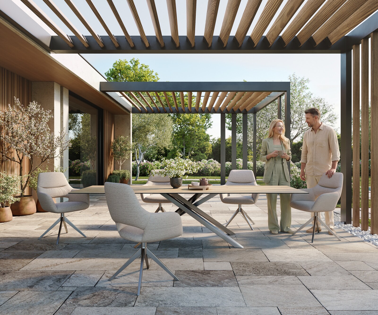 Outdoortafel Edge 300x100 cm keramiek Laminam® Sabbia eikenkleurig kruispoot rechthoekig roestvrij staal 1