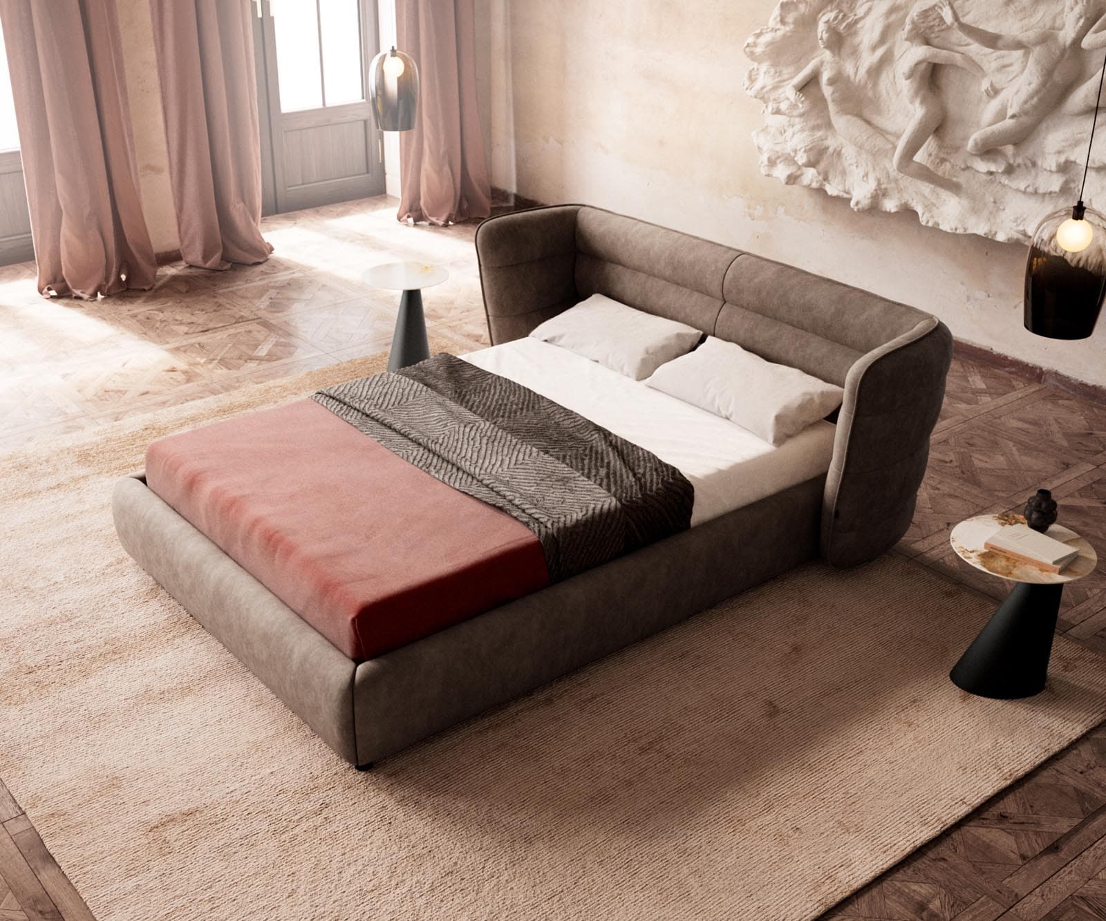 Gestoffeerd bed Simea 140x200 cm microvezel taupe vintage 3 Gestoffeerd bed Simea 140x200 cm microvezel taupe vintage 3