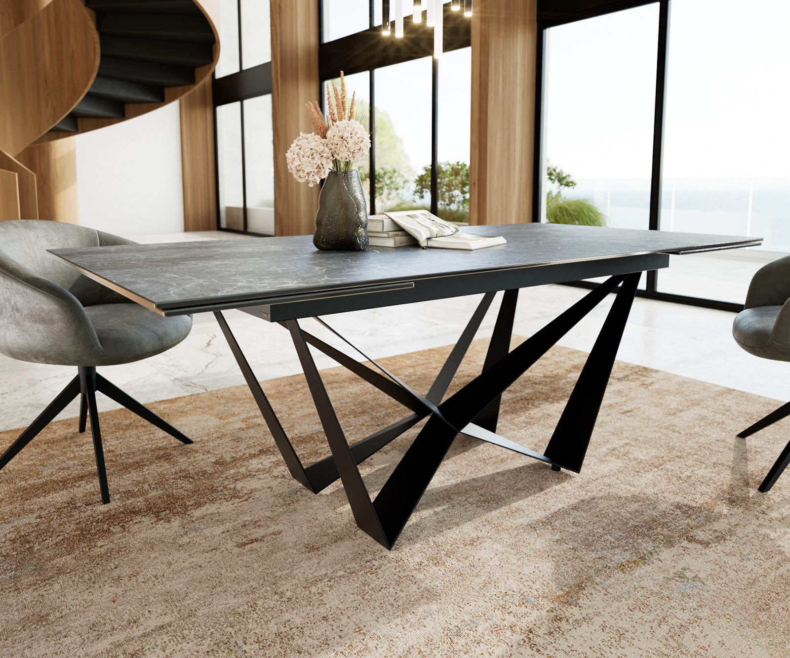 Eetkamertafel Edge 200-300x100 keramiek Laminam®Nero Greco grijs spider vlak staal zwart uitschuifbaar 4