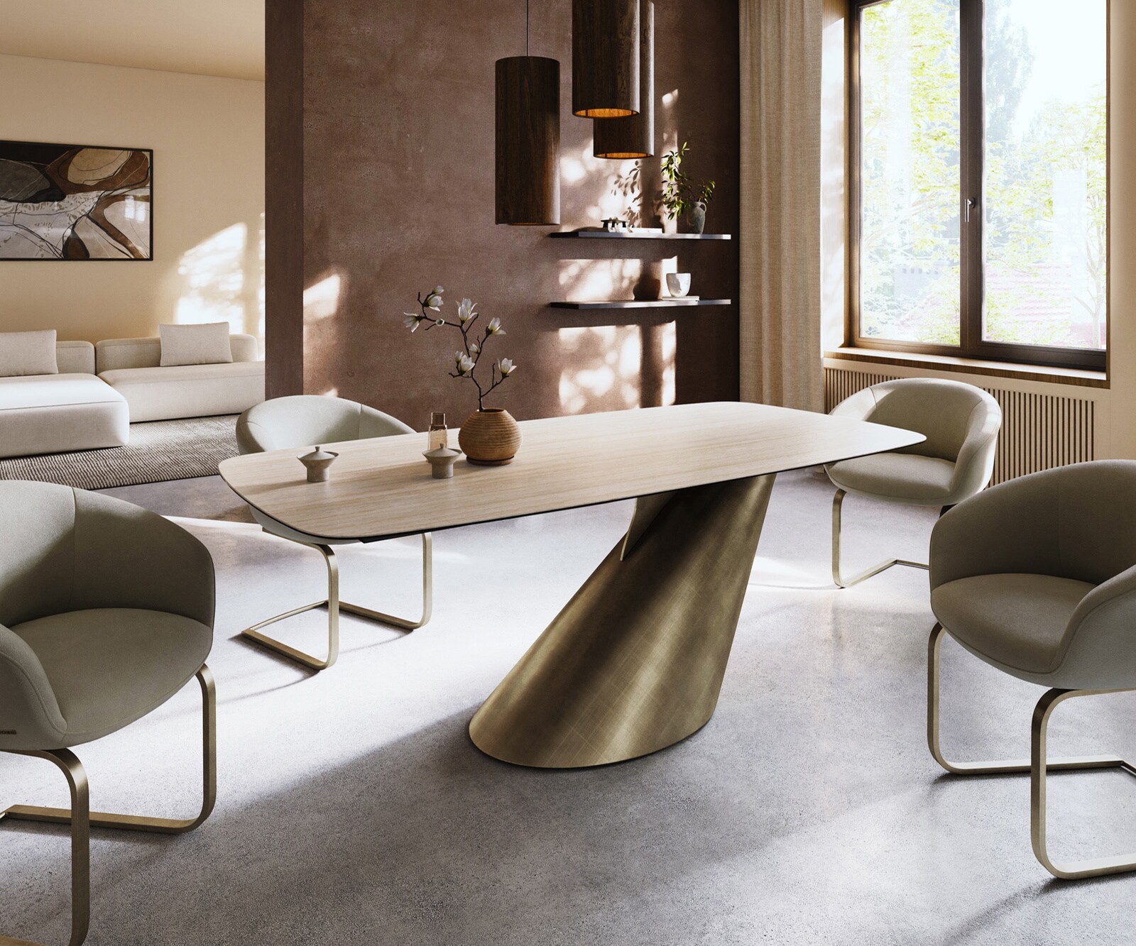 Eettafel Edge Boot 200x100 keramiek  Laminam® Travertino Bianco Creme-wit Cono metaal goud 1