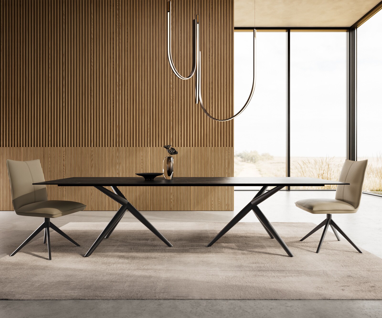 Eetkamertafel Edge 300x100 keramiek Laminam®Noir Desir bruin Estelar rond  metaal zwart 1
