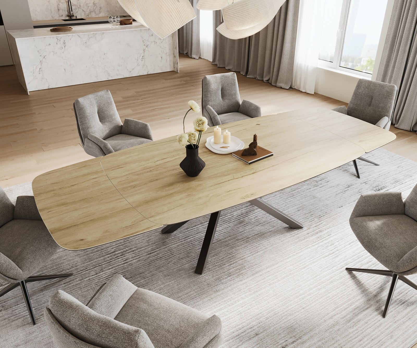 Eettafel Edge Boot 200-300x120 cm Keramiek Laminam® Sabbia Eichefarbig kruisonderstel Rechthoek Roestvrij staal Grafiet uitschuifbaar 4