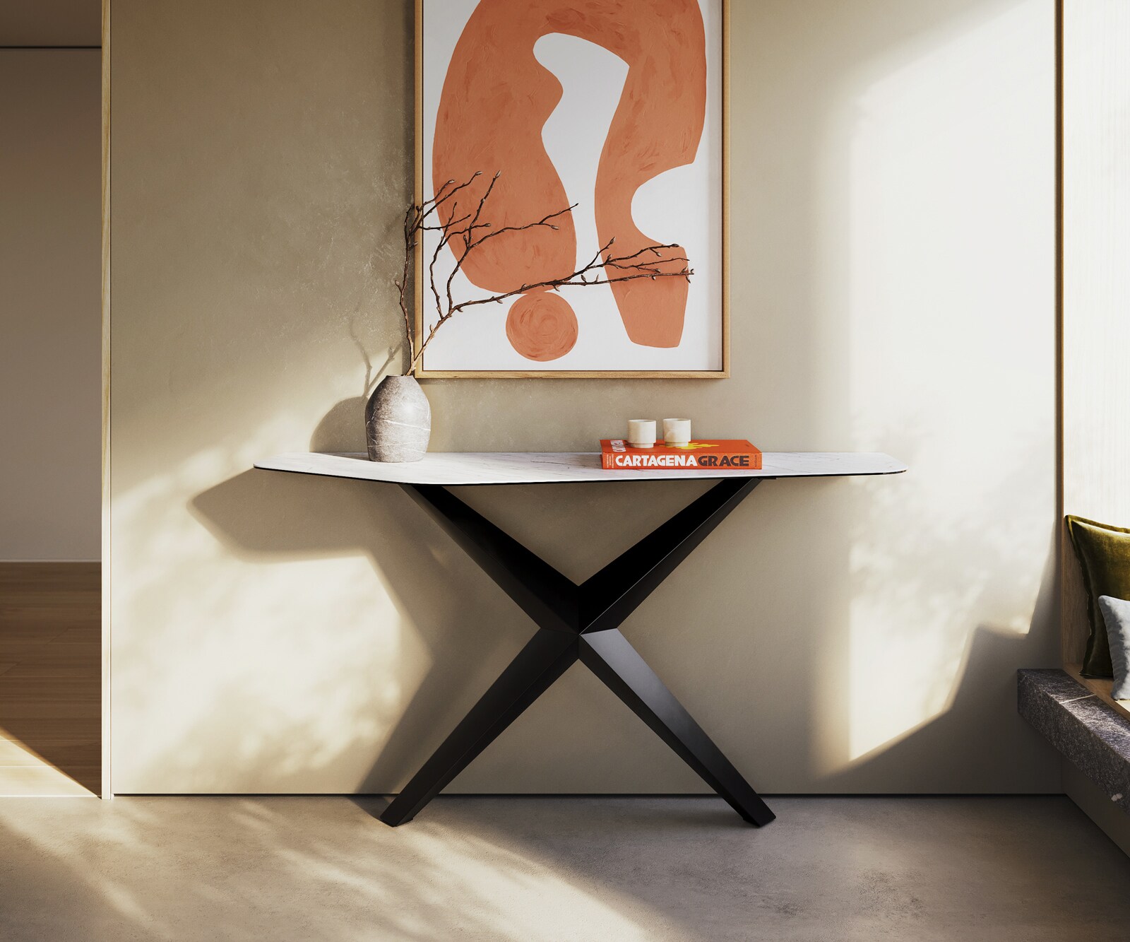 Consoletafel Edge Polygonaal 140x50 cm Keramiek Laminam® Statuarietto Weiß Zentharo Metaal Zwart 1