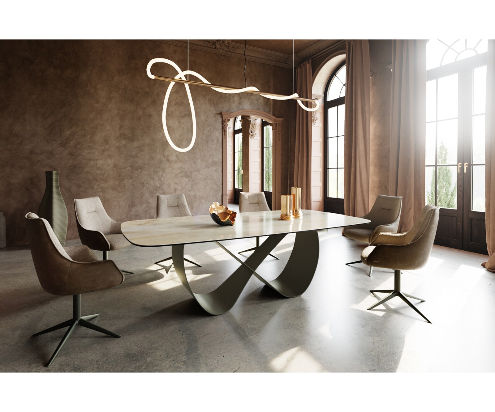 Eetkamertafel Edge Boot 240x120 cm Keramiek Iris FMG Onice Oro Infinity Metaal Effectafwerking Titan 6