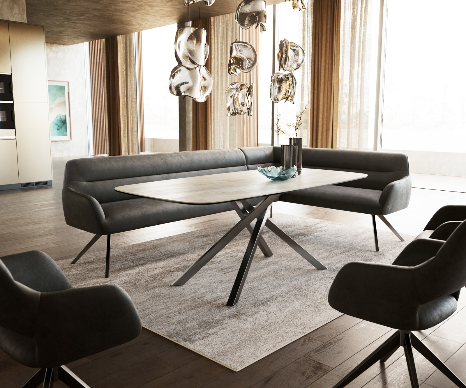 Eetkamerbank Taya-Flex 285x190 cm microvelours anthraciet vintage hoekig kruisframe grafiet pocketvering links 1