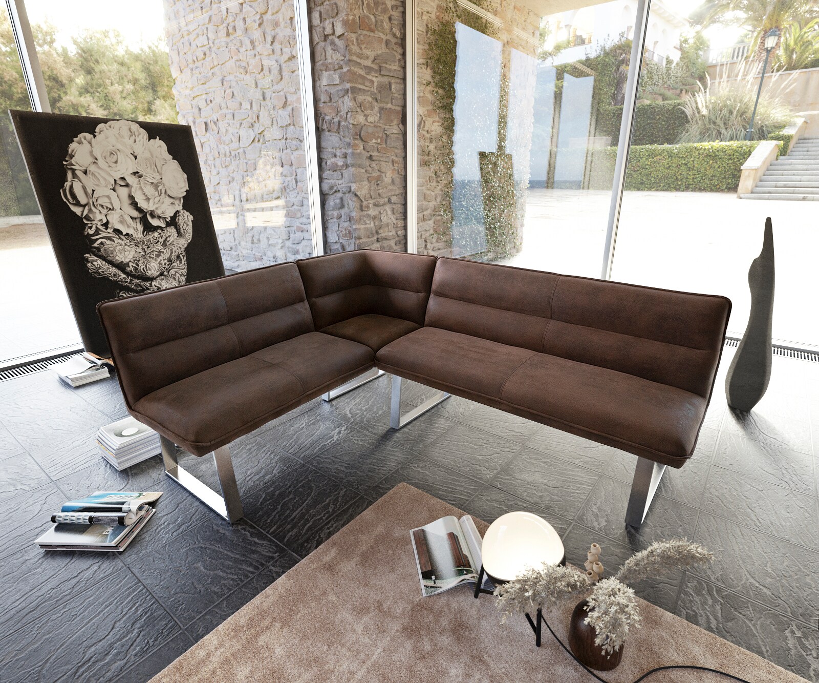 Hoekbank Salvo 200x160 cm bruin vintage roestvrij staal bankframe variabel 2