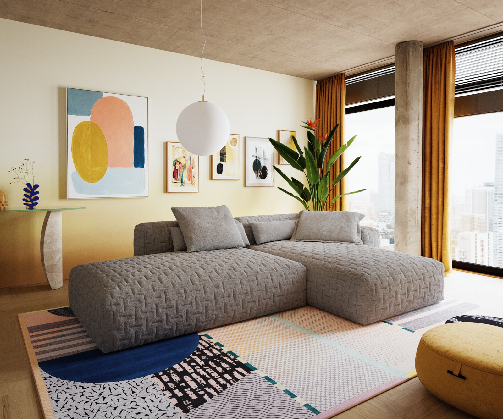 Hoekbank Freestyle 310x200 cm Zachte stof met structuur Grijs gestikt