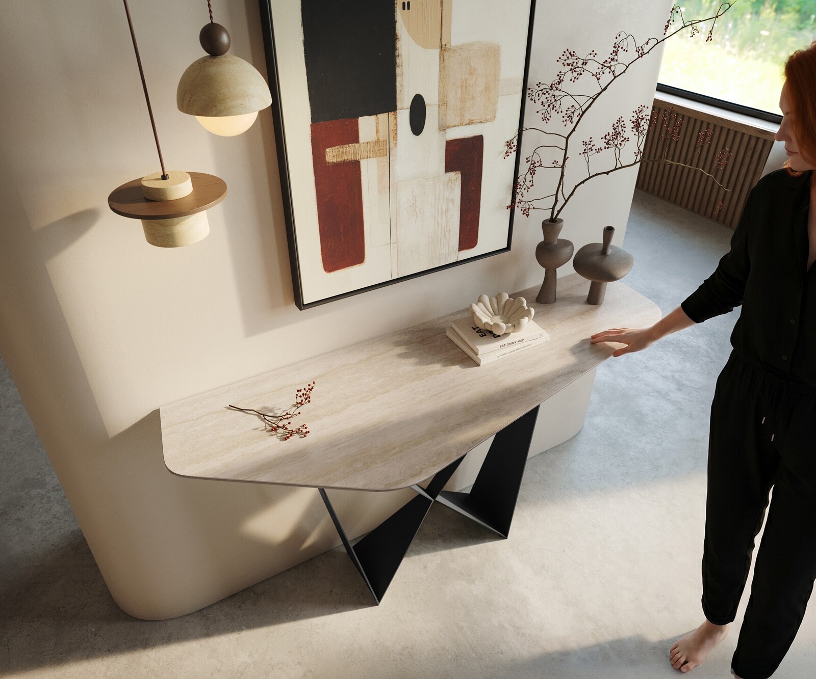 Consoletafel Edge Polygonaal 140x50 cm Keramiek Laminam® Travertino Bianco Creme-Weiß Spios Metaal Zwart 2