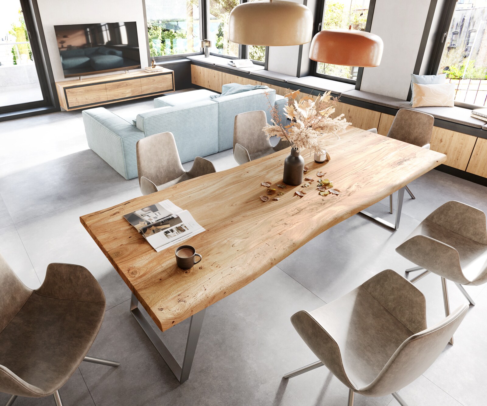 Eettafel Edge 260x100cm XL acacia natuur roestvrijstaal zilver schuin Live-Edge 4