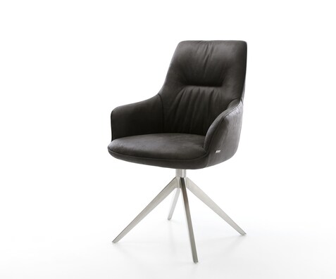 Draaistoel Zelia-Flex met armleuning microvelours antraciet vintage kruisframe breed roestvrij staal 360° draaibaar rocker-functie pocketveer kern