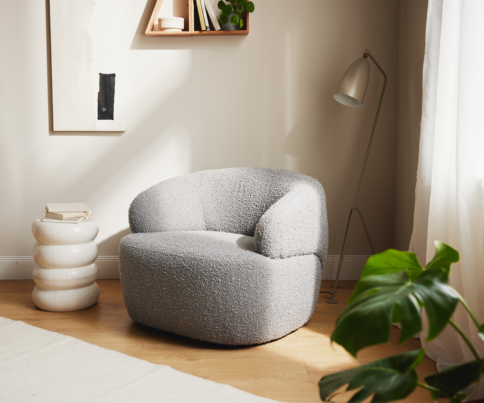 Loungestoel Nova 88x88 cm Bouclé zilvergrijs