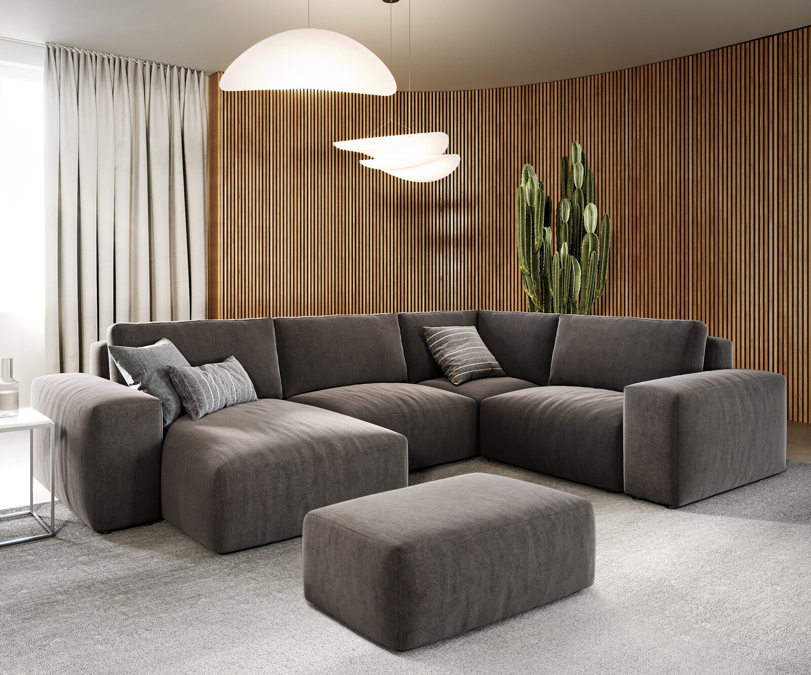 Woonlandschap Lanzo 300x210 cm microvezel khakibruin met variabele recamière en hocker 1