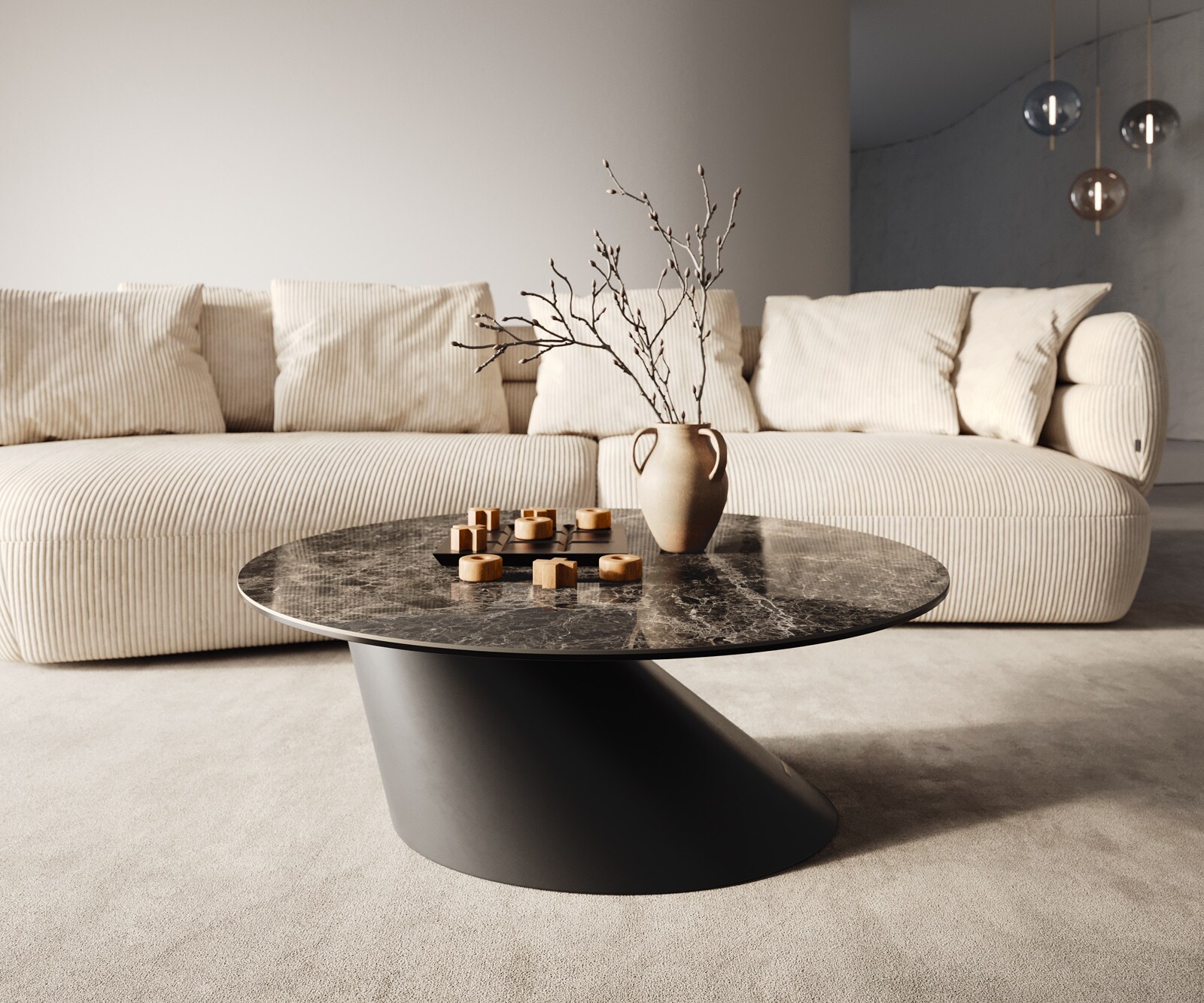 Salontafel Edge rond 90x90 cm keramiek Laminam® Emperador Extra Lucidato donkerbruin Conis zwart metaal 6