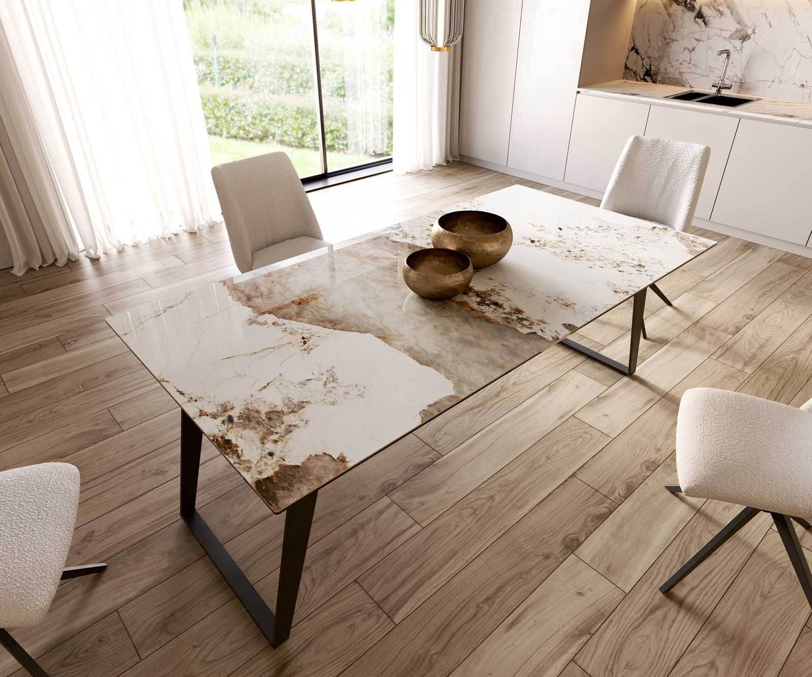 Eetkamertafel Edge 200x100 keramiek Minas Melange wit-beige metaal schuin zwart 6