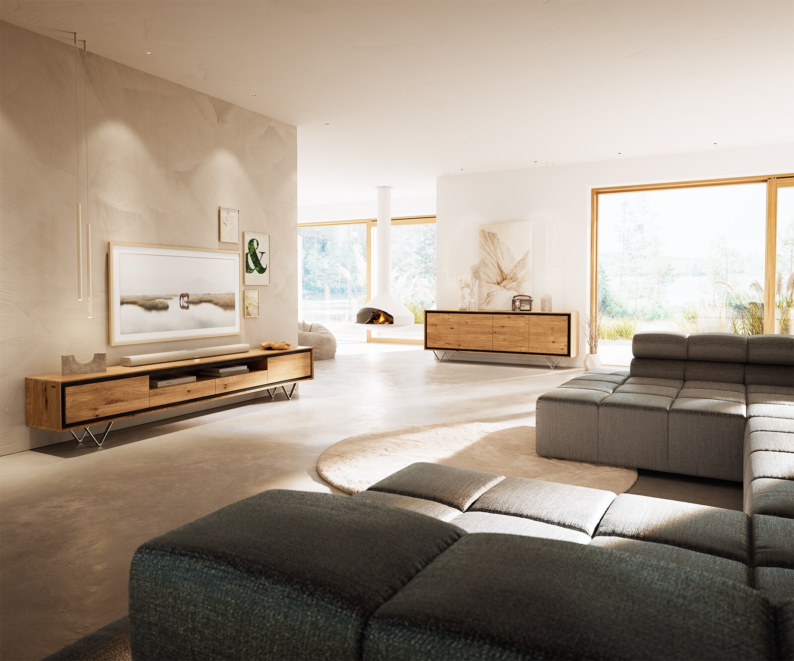 Dressoir Stonegrace 200 cm natuur eiken 4 deuren steenfineer V-poot roestvrij staal 5