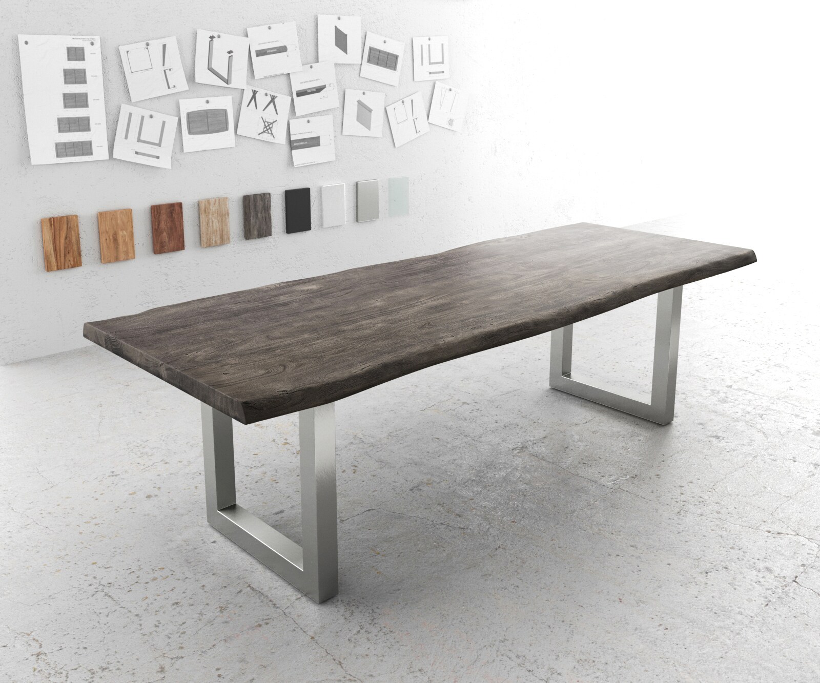 Eettafel Edge 260x100 XL acacia platina roestvrijstaal breed Live-Edge 1