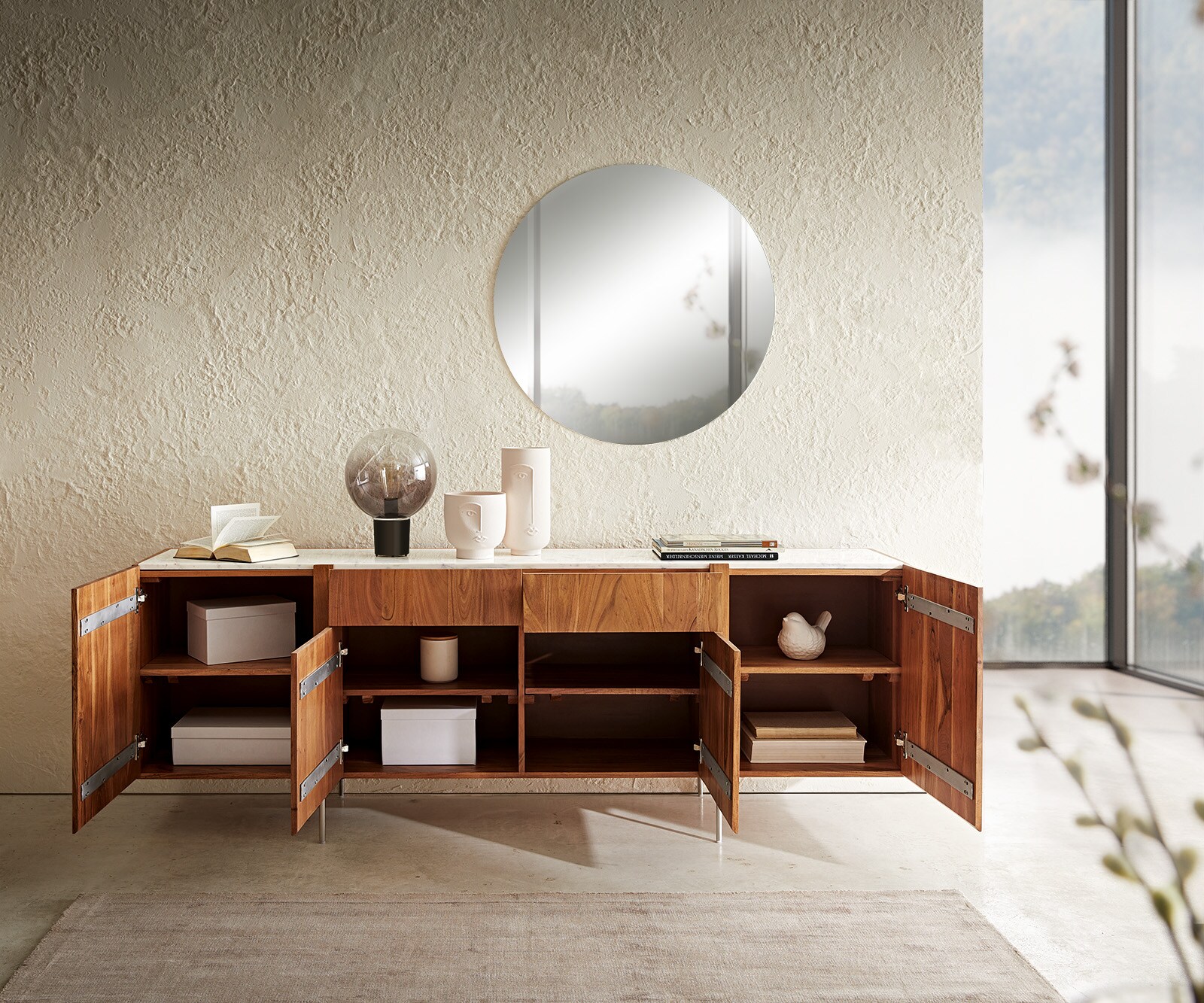 Commode Secara 200 cm acacia natuur 4 deuren 2 laden marmeren poten roestvrij staal 3