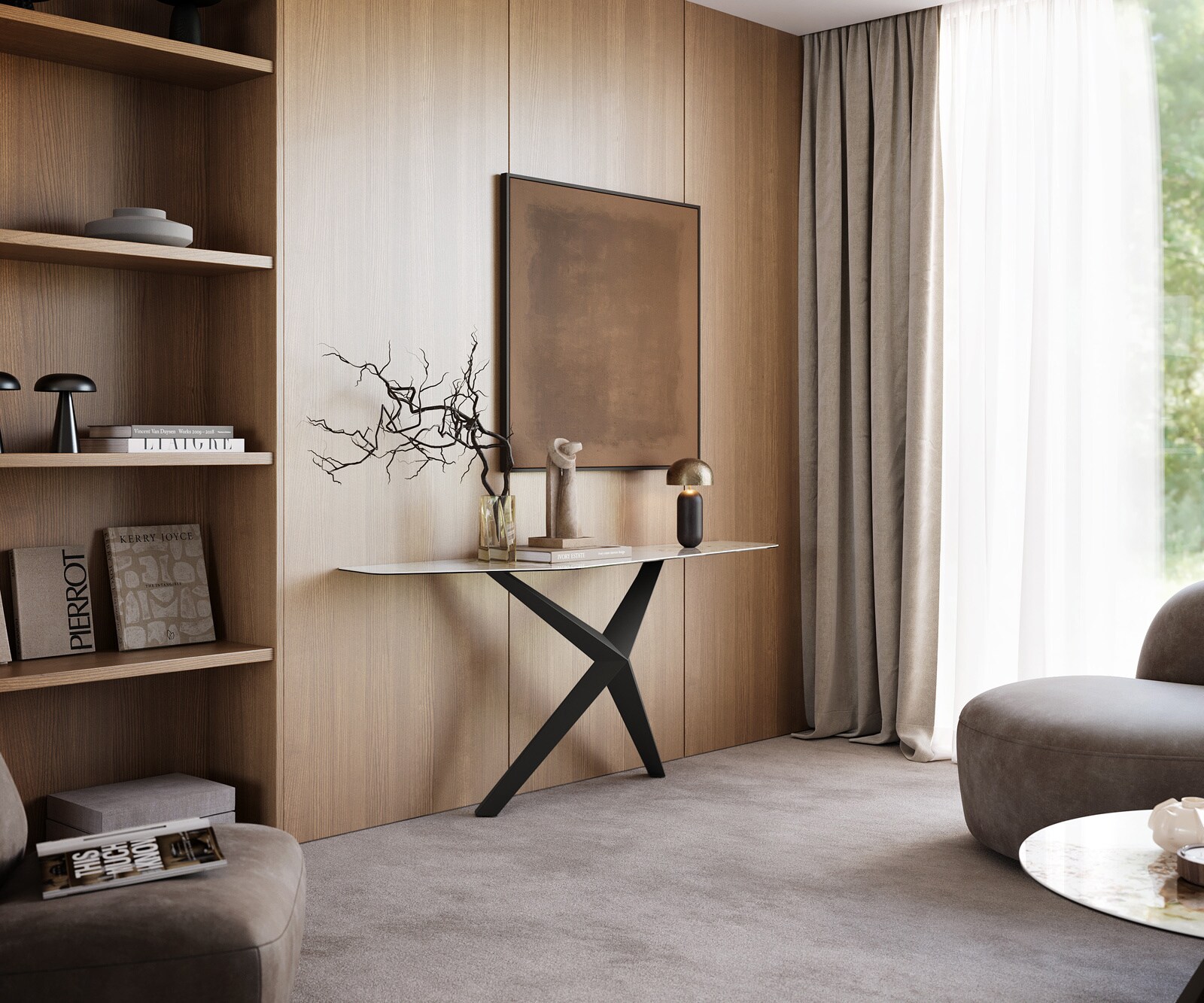 Consoletafel Edge Polygonaal 180x50 cm Keramiek Minas Melange Weiß-Beige Zentharo Metaal Zwart 7