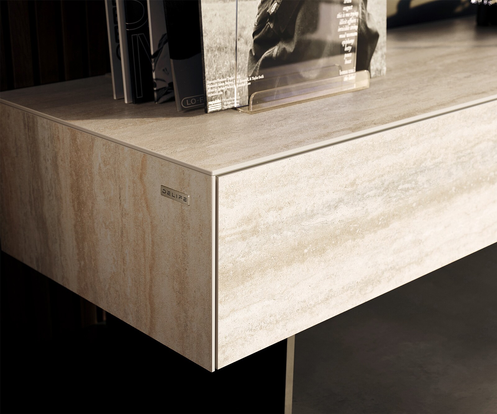 Tv-meubel Cuor 150 cm Keramiek Laminam® Travertino Bianco Crème-wit 1 Flap 1 Lade Zwevende voet look Metaal Zwart 5