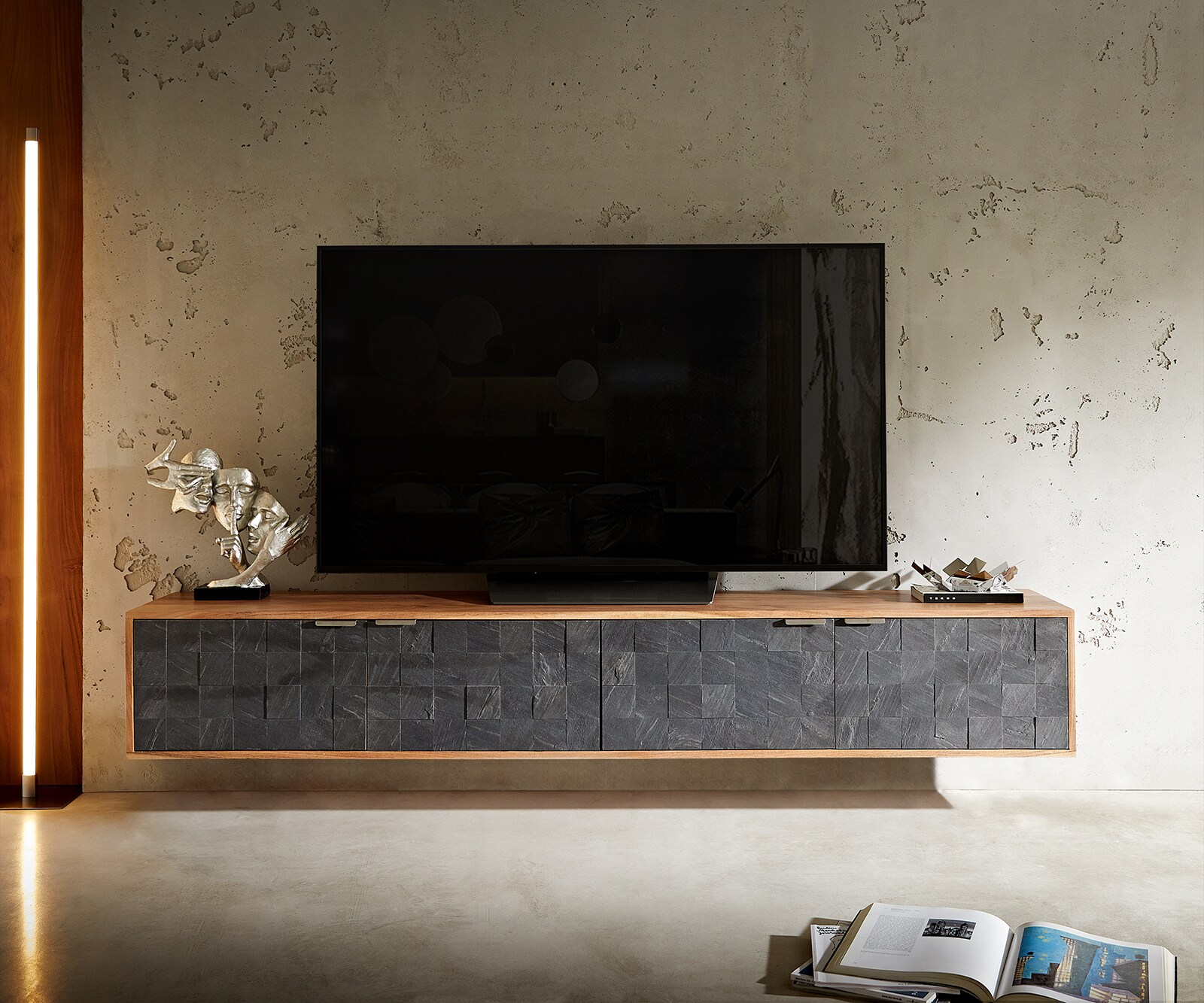 TV-meubel Teele acacia natuurleisteen 200 cm 4 deurs zwevend lowboard 1
