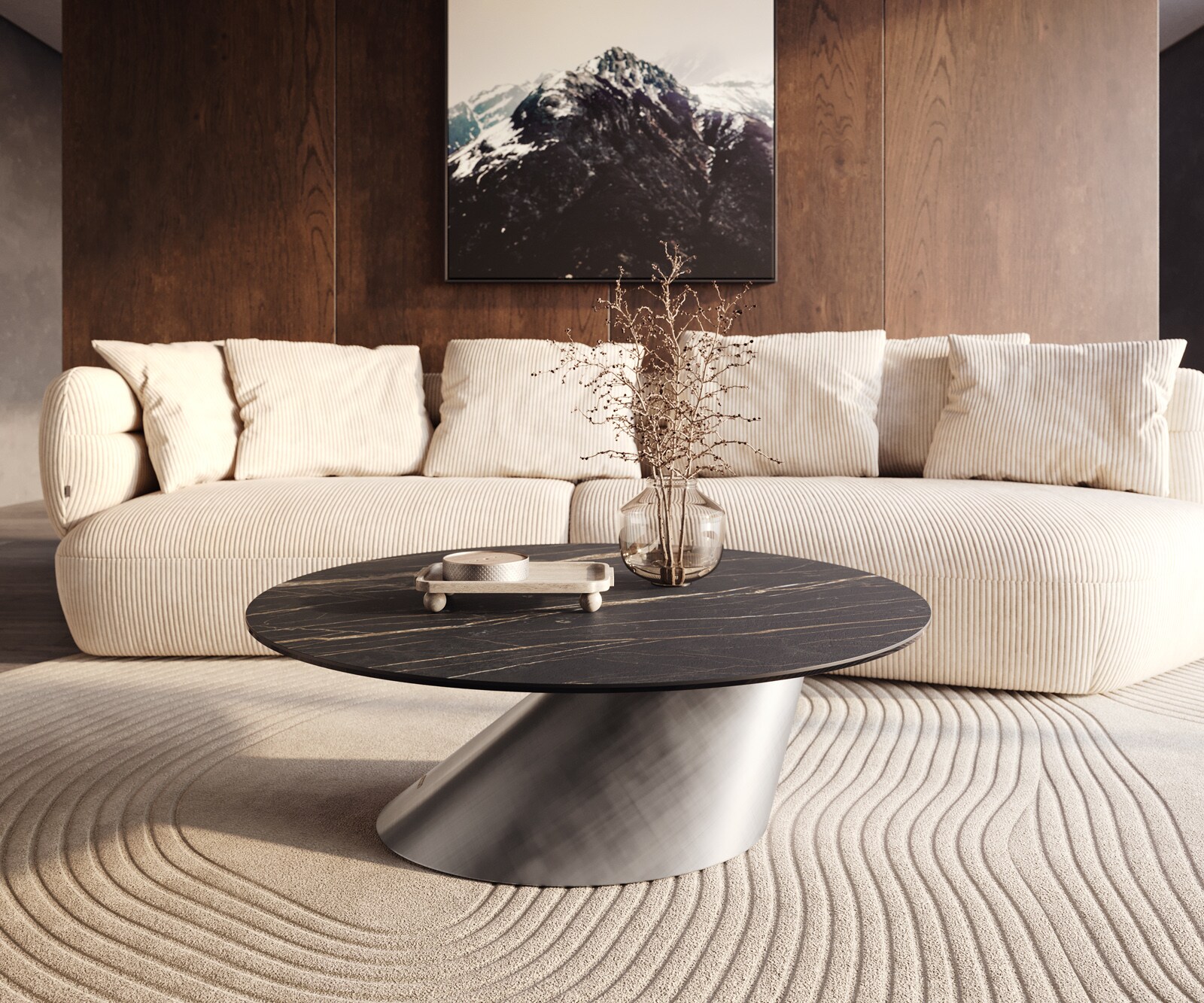 Salontafel Edge rond 100x100 cm keramiek Laminam® Noir Desir bruin Conis metallic zilver 6