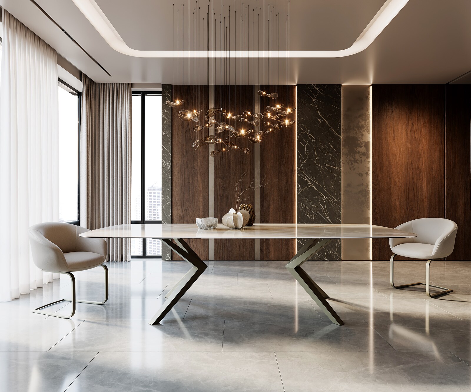 Eettafel Edge Boot 270x120 Keramiek Iris FMG Onice Grigio Zenthara hoekig metaal effect afwerking titanium 3