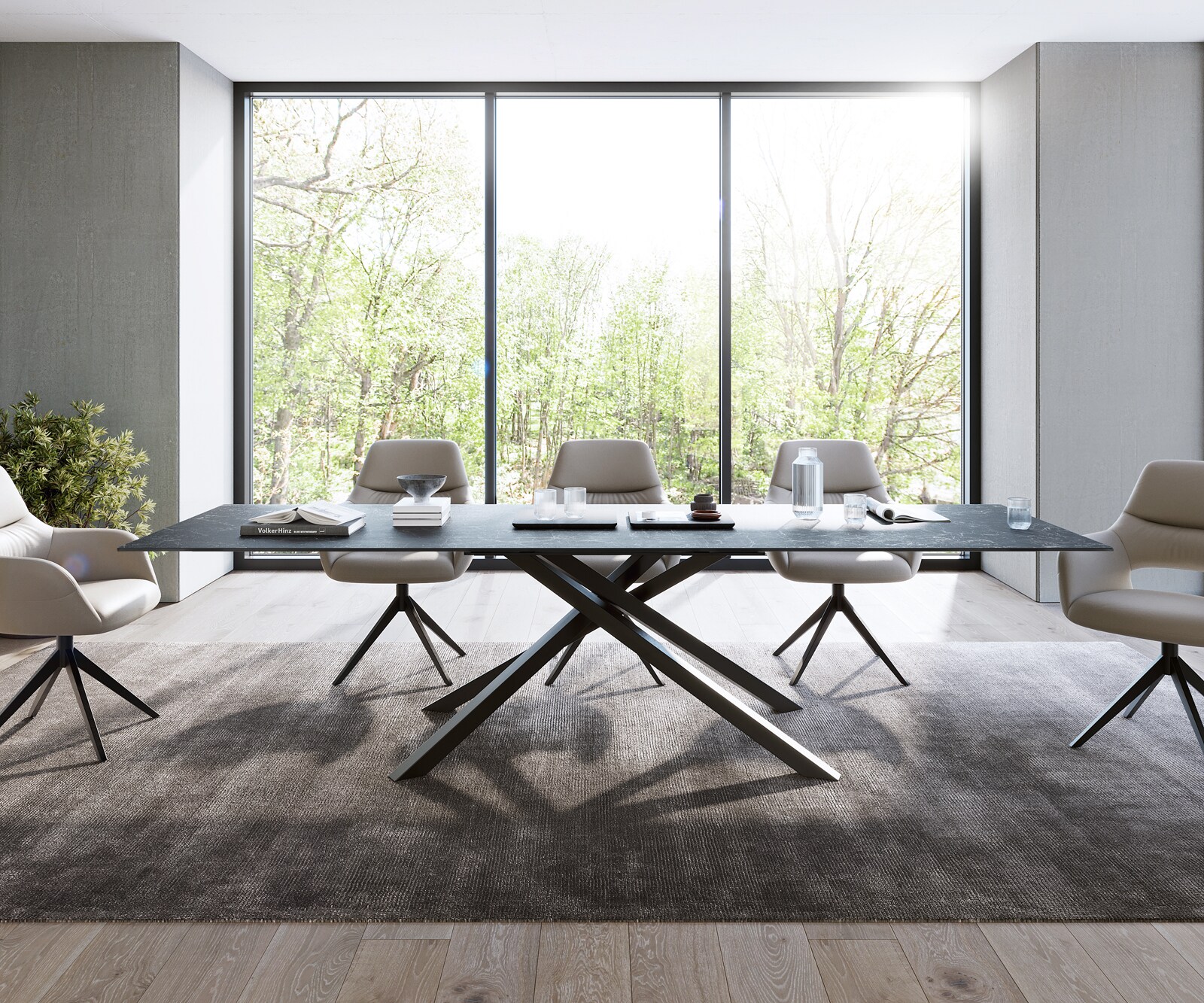 Eettafel Edge 300x100cm Laminam® keramiek grijs middenpoot kruis zwart 1