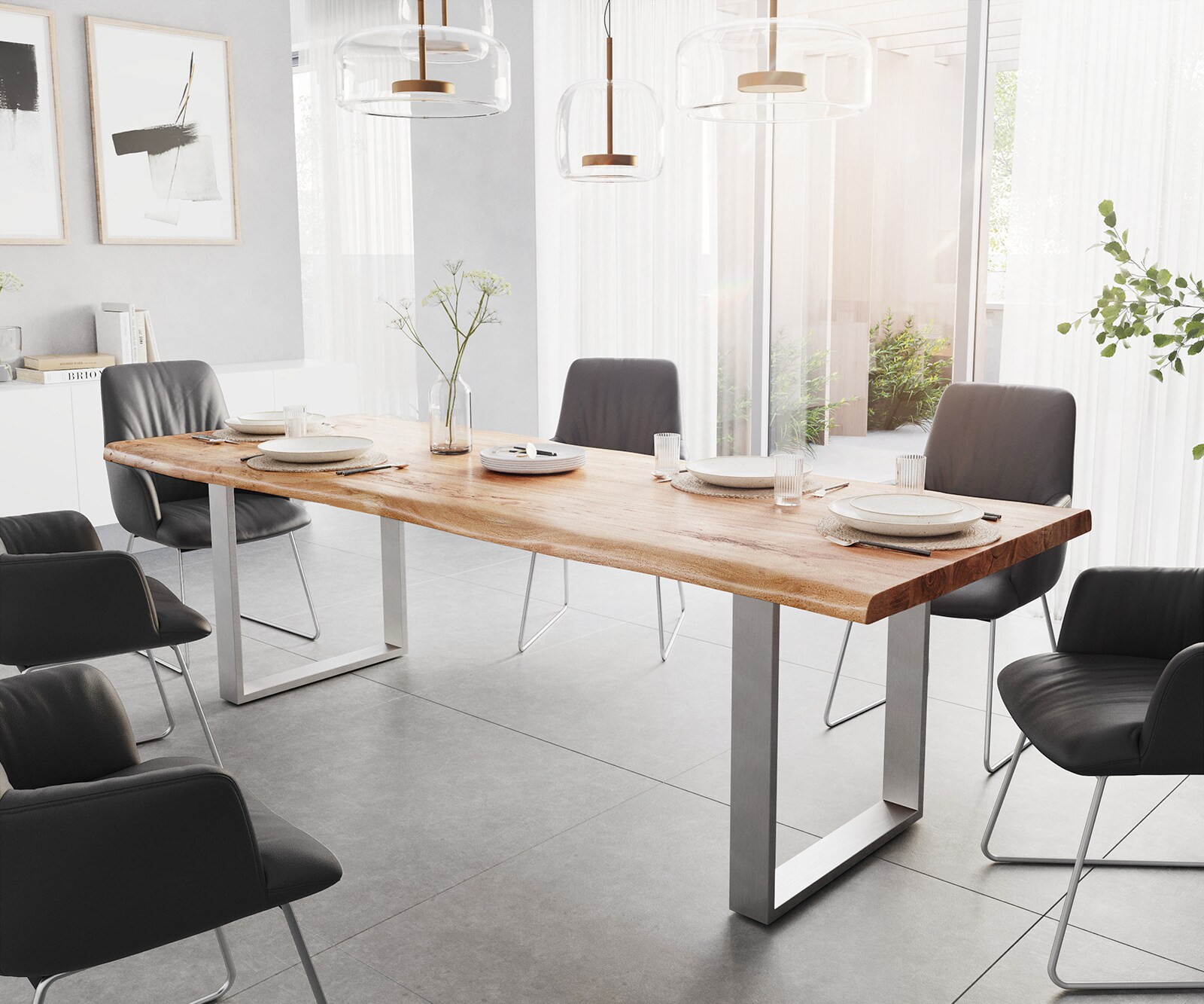 Eettafel Edge 260x100 XL acacia natuur roestvrijstaal smal Live-Edge