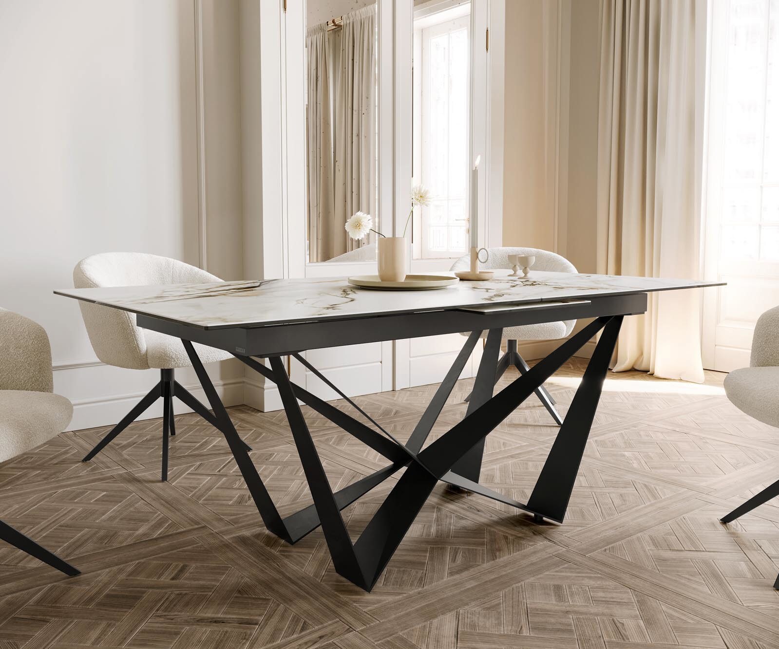 Eetkamertafel Edge 180-220x100 keramiek Calacatta Luxe wit-goud-grijs spider vlak staal zwart uitschuifbaar 5