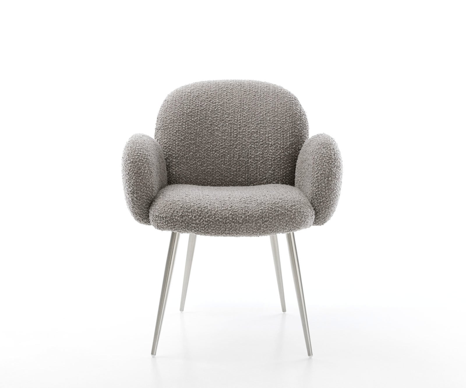 Eetkamerstoel Nube-Flex met armleuning bouclé zilver grijs 4-poot conisch roestvrij staal pocketveer kern 1 Eetkamerstoel Nube-Flex met armleuning bouclé zilver grijs 4-poot conisch roestvrij staal pocketveer kern 1