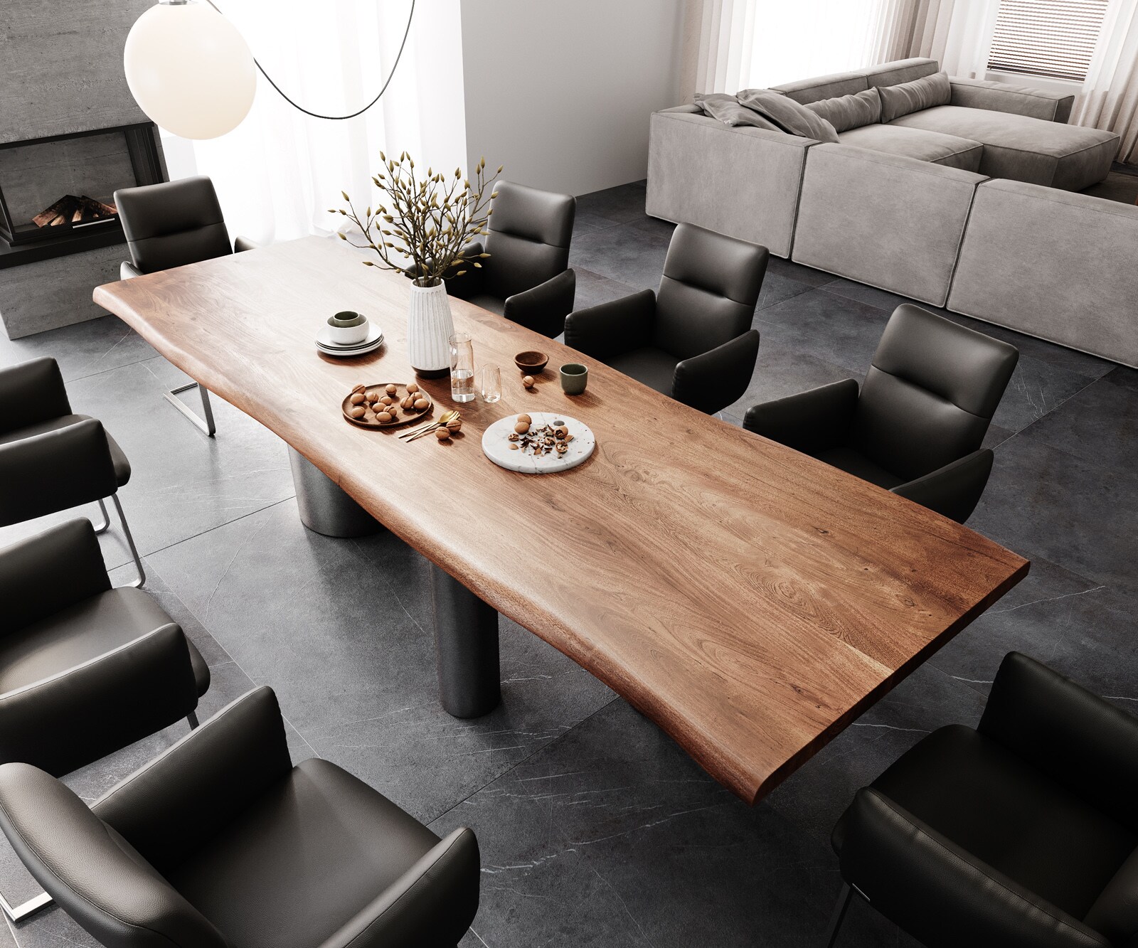 Eetkamertafel Edge 300x100 XL acacia bruin Troa roestvrij staal grafiet Live-Edge 3