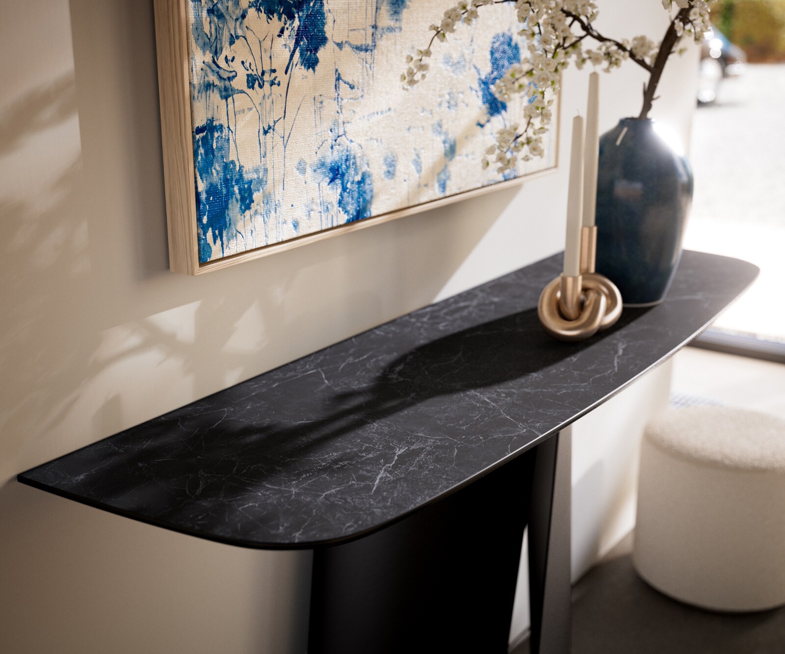 Consoletafel Edge Bootvorm 140x40 cm Keramiek Laminam® Nero Greco Anthrazit Livos Metaal Zwart 2