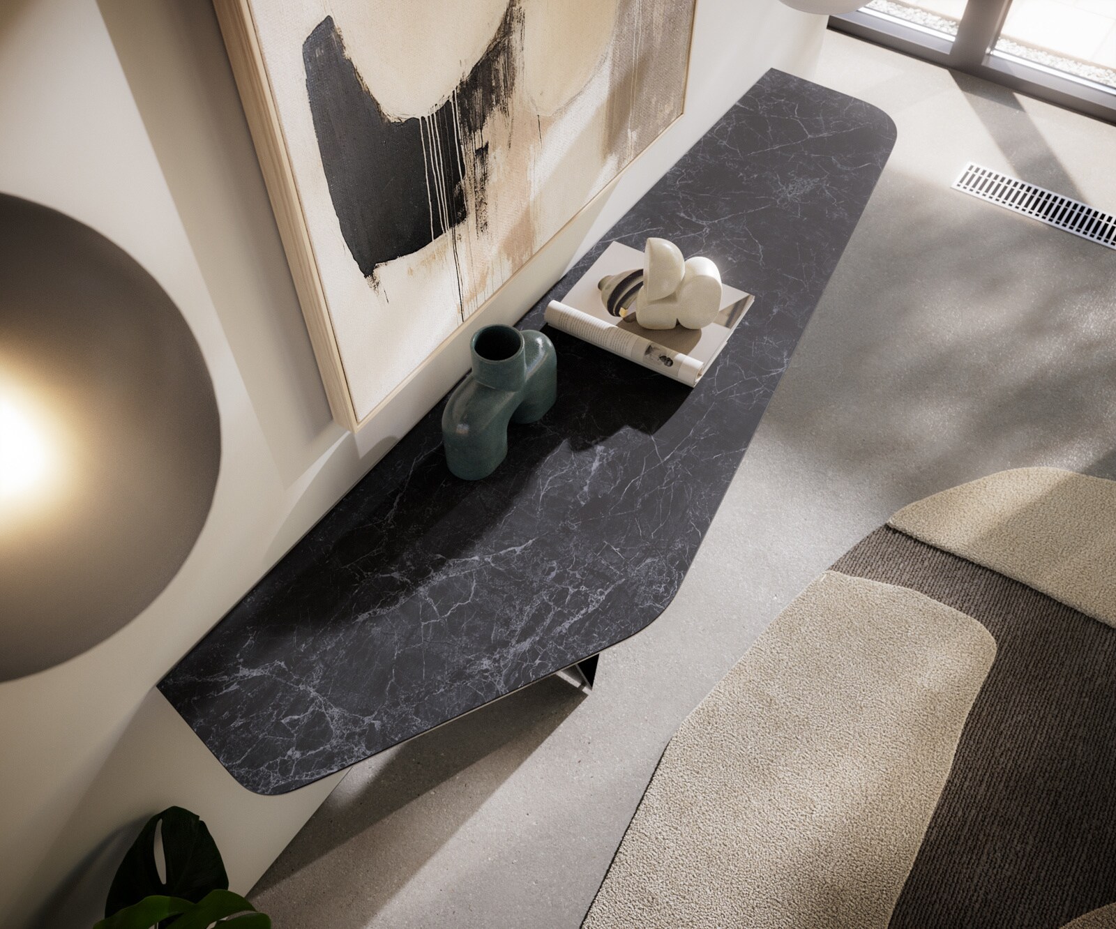 Consoletafel Edge Polygonaal 180x50 cm Keramiek Laminam® Nero Greco Anthrazit Spios Metaal Zwart 6