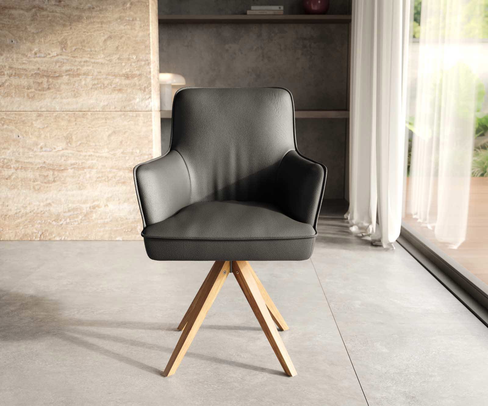 Draaistoel Heira-Flex met armleuning echt leer zwart houten frame hoekig natuur 180° draaibaar pocketveer kern 2