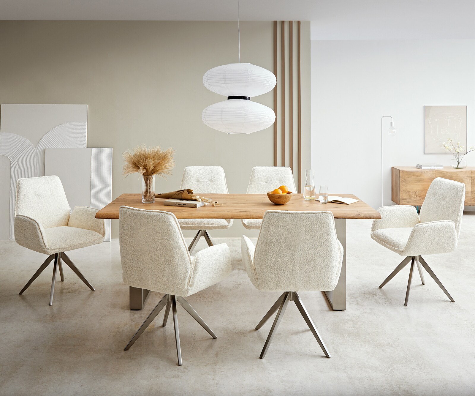 Eetkamerstoel Zoa-Flex bouclé wit kruisframe hoekig roestvrij staal pocketveer kern 3 Eetkamerstoel Zoa-Flex bouclé wit kruisframe hoekig roestvrij staal pocketveer kern 3