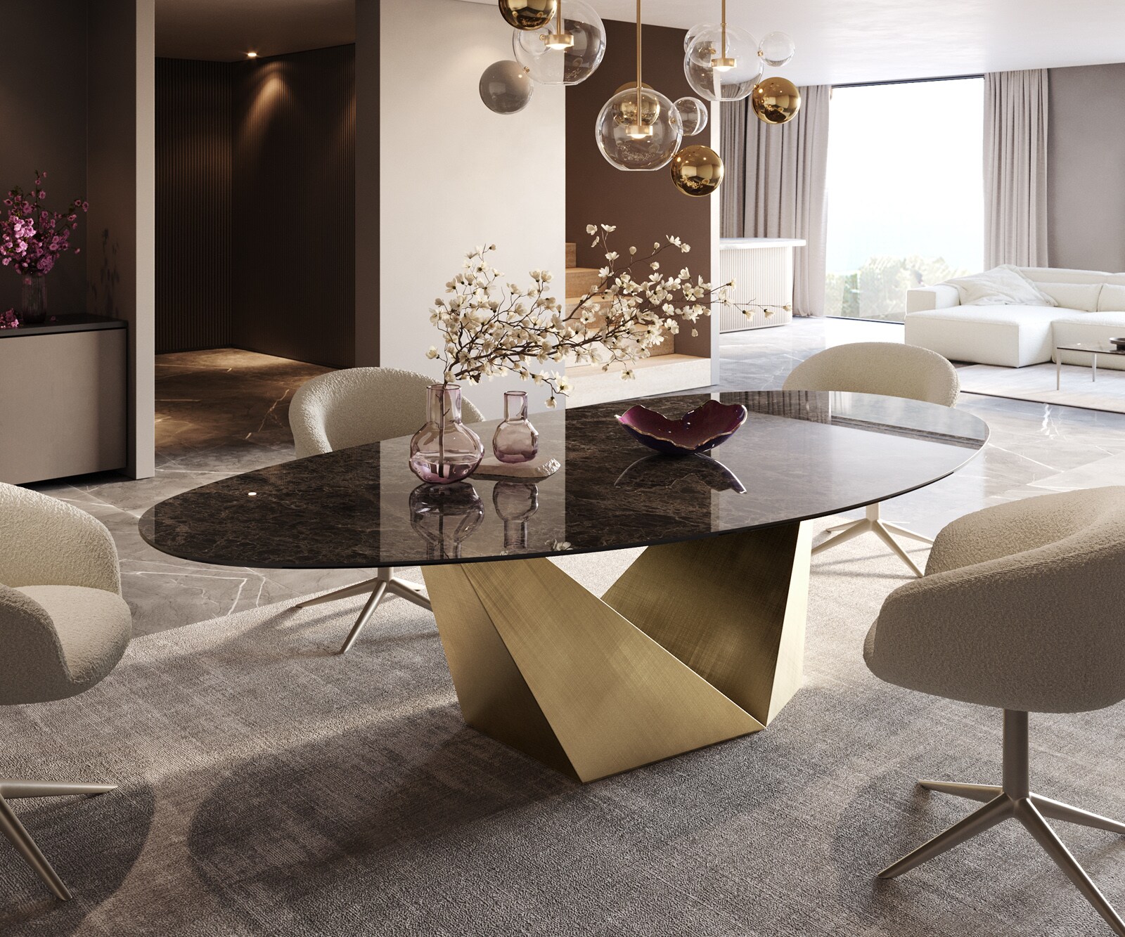 Eettafel Edge Oval 280x130 keramiek  Laminam® Emperador Extra Lucidato donkerbruin Prisma metaal goud