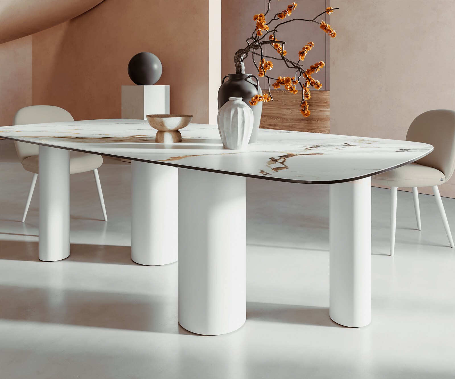 Eetkamertafel Edge Boot 240x120 keramiek Calacatta Luxe wit-Gold-grijs Pilier metaal wit 6