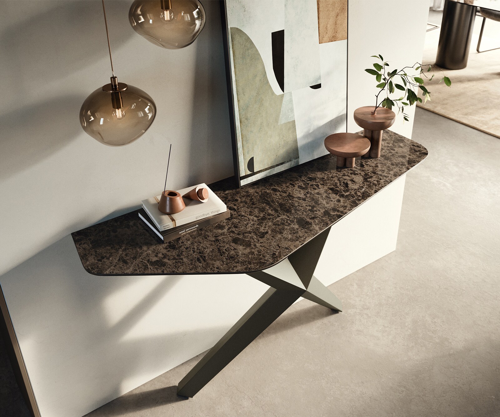Consoletafel Edge Polygonaal 140x50 cm Keramiek Emperador Extra Lucidato Dunkelbraun Zentharo Metaal Effektfinish Titan 1