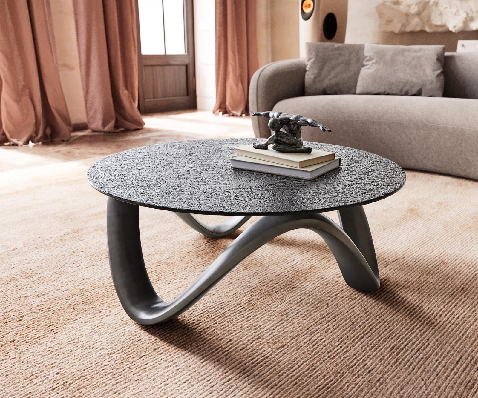 Salontafel Tanju 90x90 cm metallic zilver met grijs reliëfglas