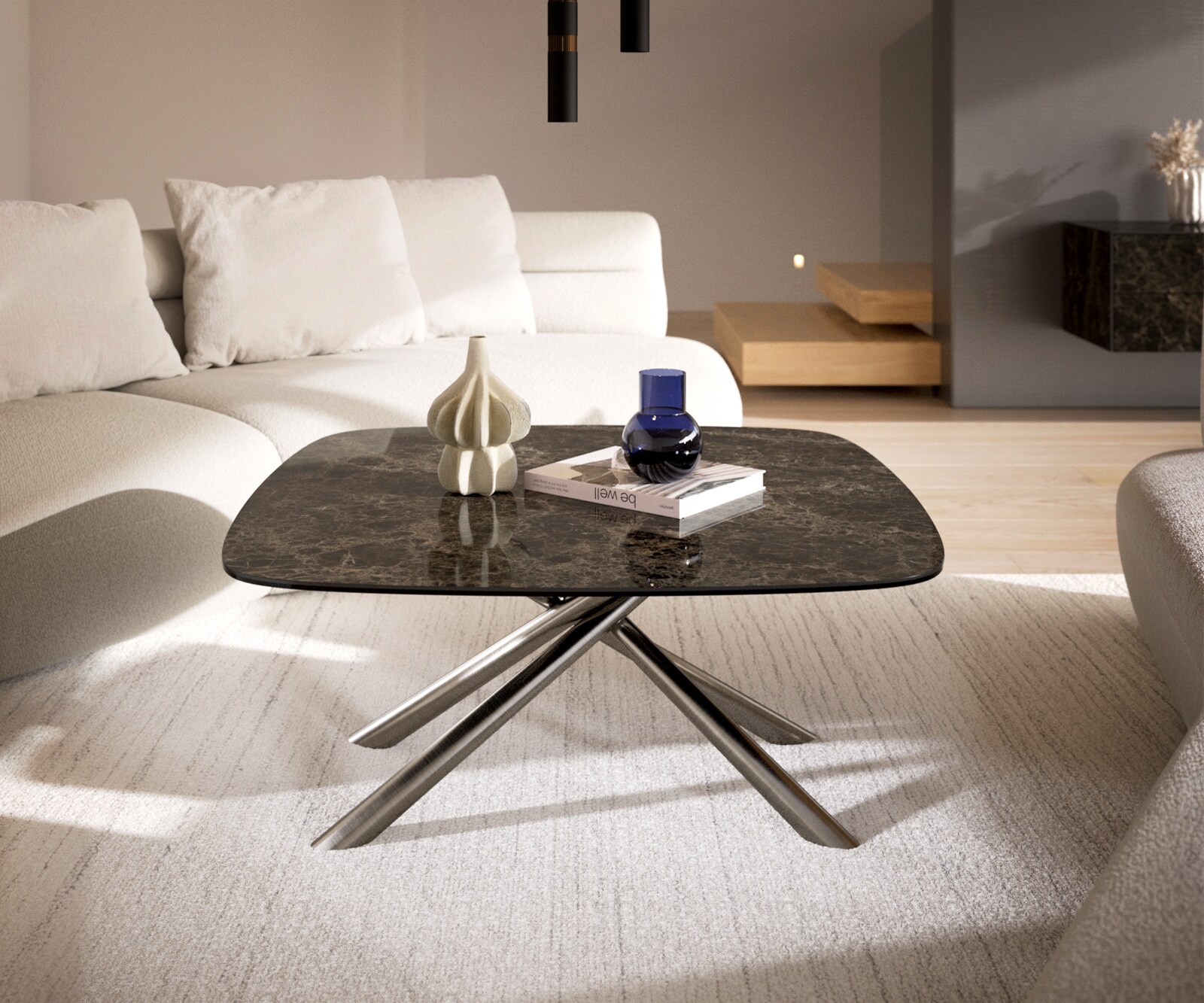 Salontafel Edge Boot 90x90 cm keramiek Laminam® Emperador Extra Lucidato donkerbruin Sarity geborsteld roestvrij staal 1