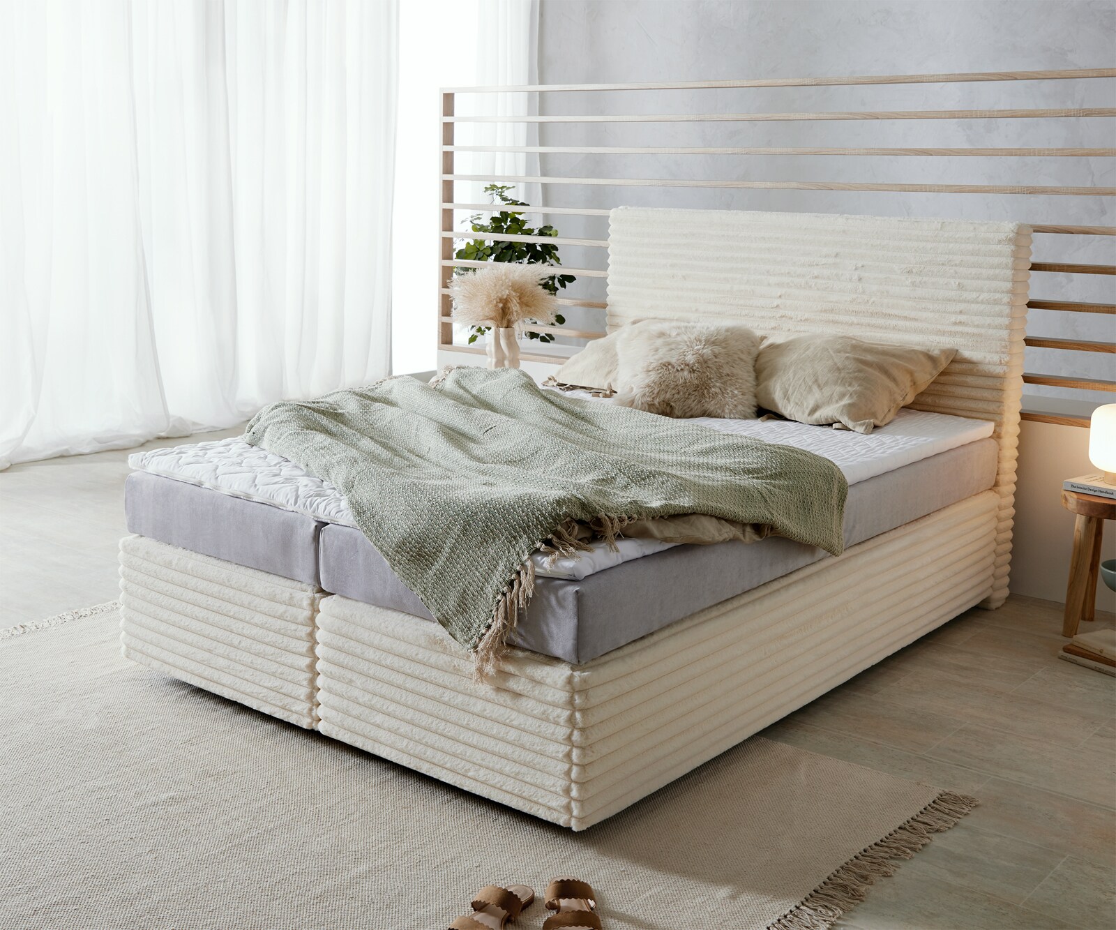 Boxspringbed Dream-Well pluche corduroy beige 140x200 cm TFK matras Visco topper Boxspringbed Dream-Well pluche corduroy beige 140x200 cm TFK matras Visco topper