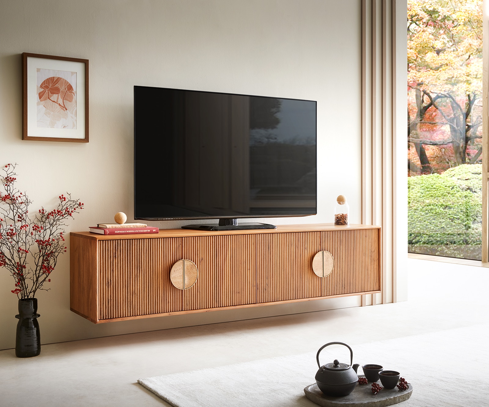 Tv-meubel Surimu 175 cm acacia lichtbruin 4 deurs kurkgreep zwevend Tv-meubel Surimu 175 cm acacia lichtbruin 4 deurs kurkgreep zwevend