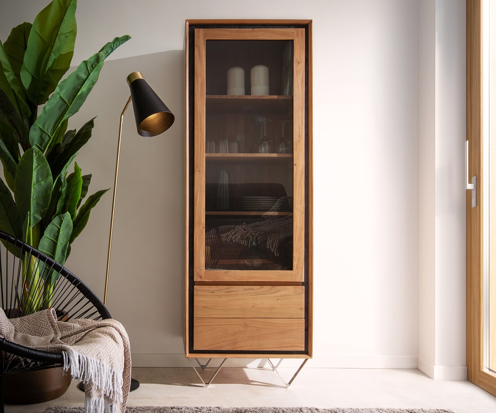 Vitrinekast Stonegrace 60x175 acacia natuur 1 deur 2 laden steen fineer V-poot 1