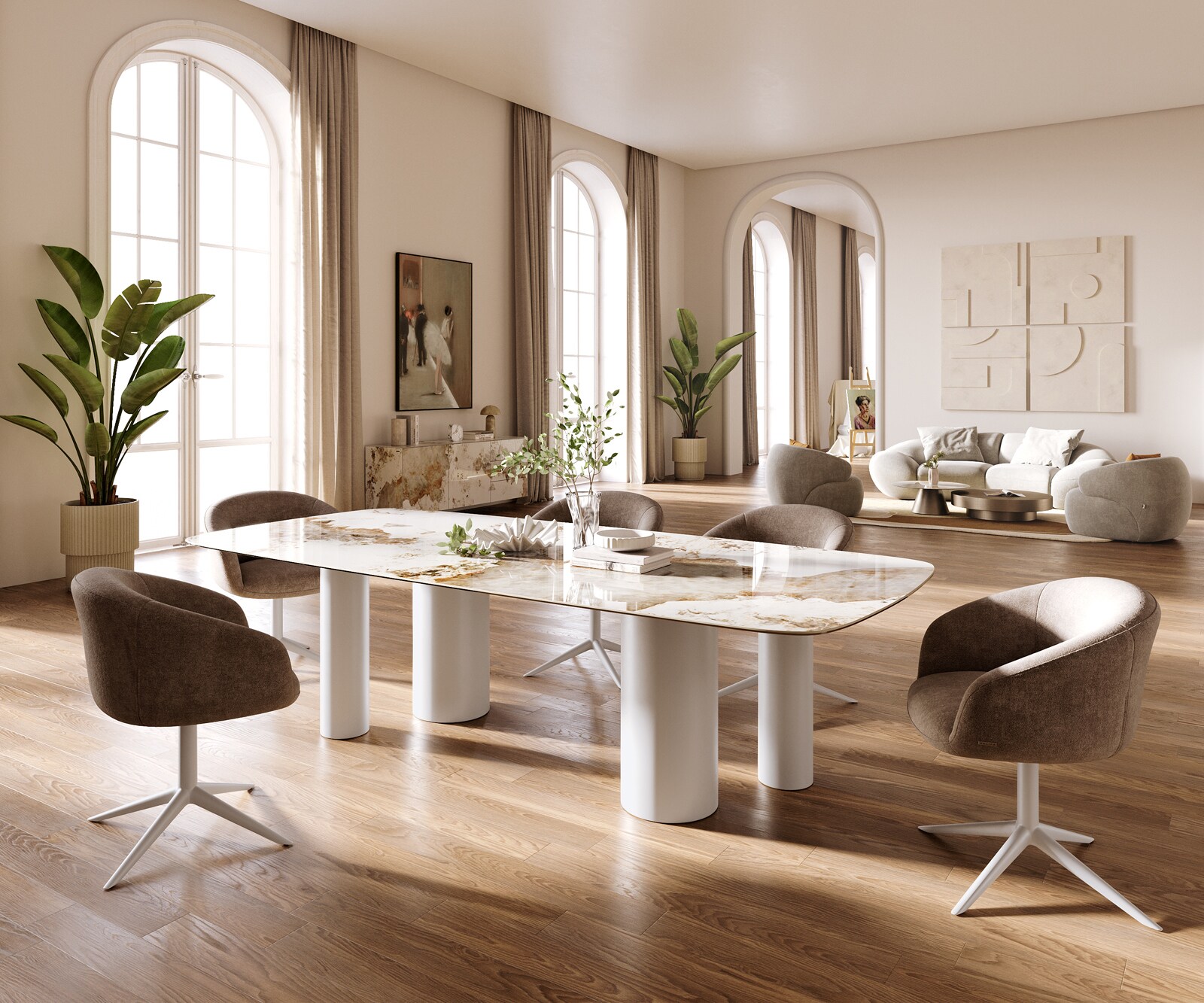 Eettafel Edge Boot 260x120 cm Keramiek Minas Melange Wit-Beige Pilier Metaal Wit 6