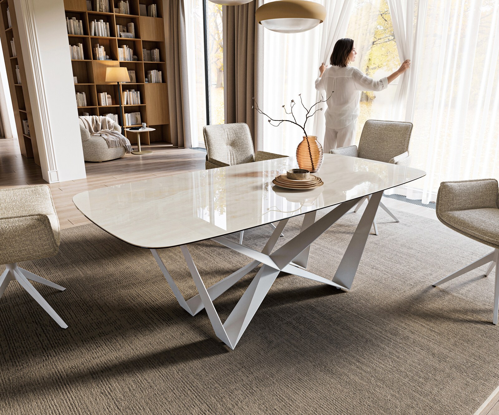 Eettafel Edge boot 200x100 cm keramiek Onyx Champagne Spider metaal wit