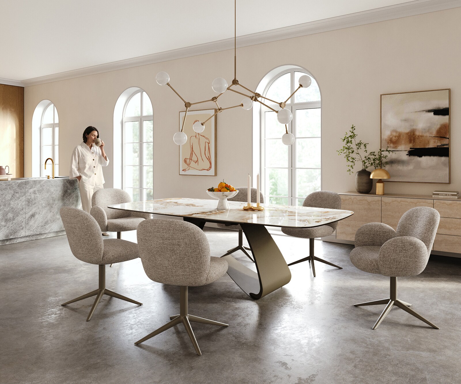 Eettafel Edge Boot 240x120 cm Keramiek Minas Melange Wit-Beige W-onderstel Metaal Effectafwerking Titan 5