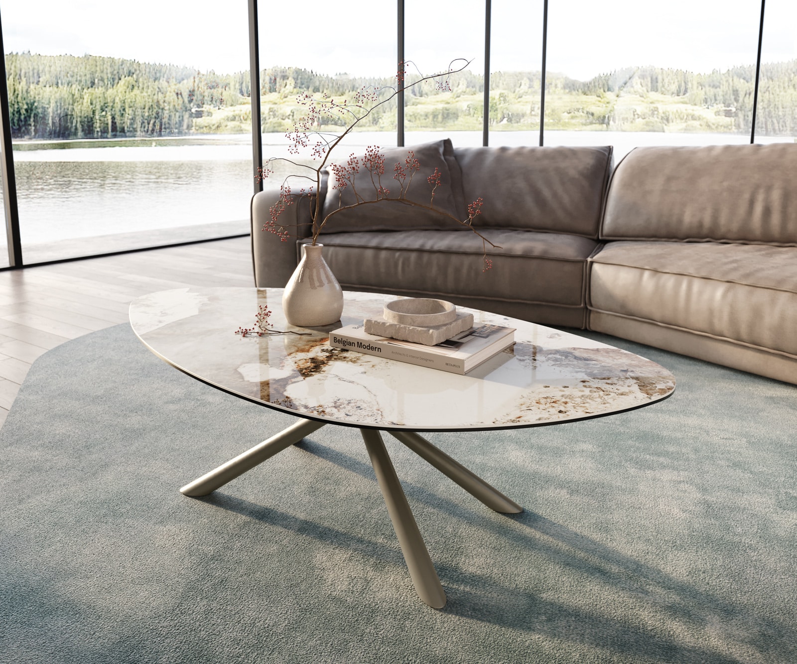 Salontafel Edge Organisch 140x76 cm keramiek Minas Melange Sarity Metall effectafwerking titaan 2